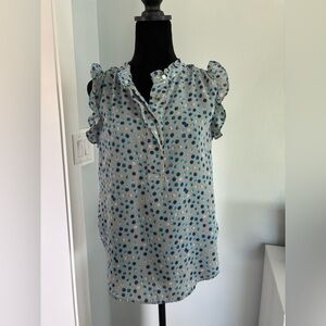 DKNY size M ruffle sleeveless blouse grey with blueberries polka dots
